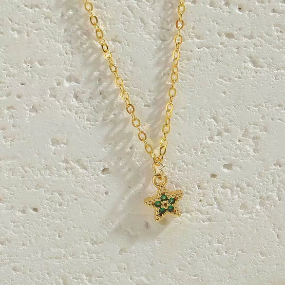 Wholesale Copper Zircon Fivepointed Star Pendant Necklace With Mixed Gem Inlay And Electroplating Treatment For Women