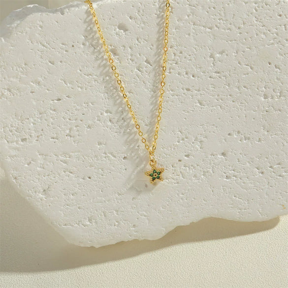 Wholesale Copper Zircon Fivepointed Star Pendant Necklace With Mixed Gem Inlay And Electroplating Treatment For Women