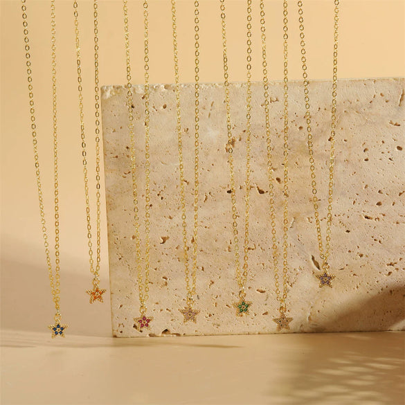Wholesale Copper Zircon Fivepointed Star Pendant Necklace With Mixed Gem Inlay And Electroplating Treatment For Women