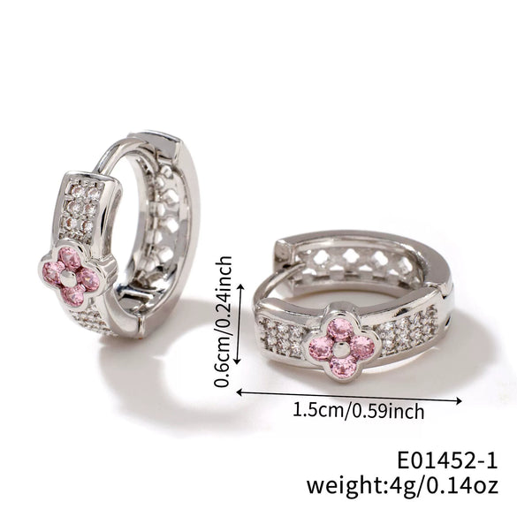 Wholesale Copper Zircon Geometric Round Four Leaf Flower Women's Earrings