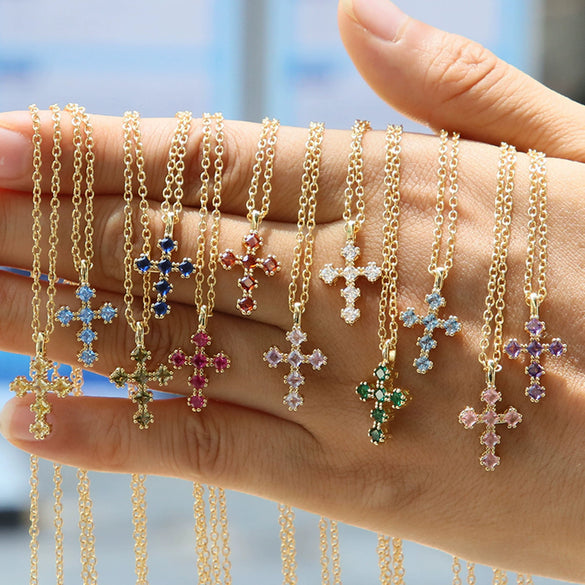 Wholesale Copper Zirconium December Birthstone Cross Pendant Necklace With Ochain And Electroplating