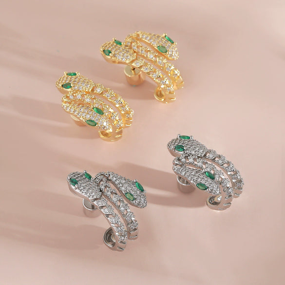 Wholesale Copperplated Animal Snakeshaped Earrings With Emerald Zircon For Unisex Highend Retro Design