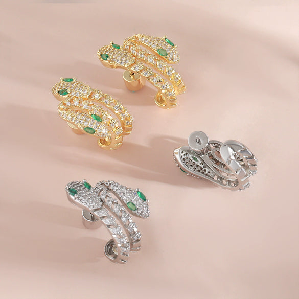 Wholesale Copperplated Animal Snakeshaped Earrings With Emerald Zircon For Unisex Highend Retro Design