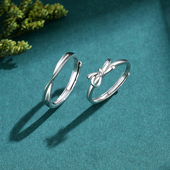 Wholesale Couple Pair 925 Silver Heart Knot Entangled Bow Open Ring With Electroplating Design