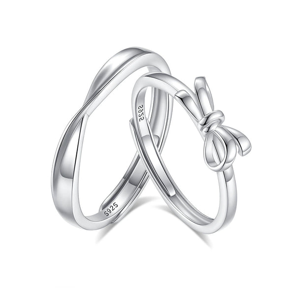 Wholesale Couple Pair 925 Silver Heart Knot Entangled Bow Open Ring With Electroplating Design