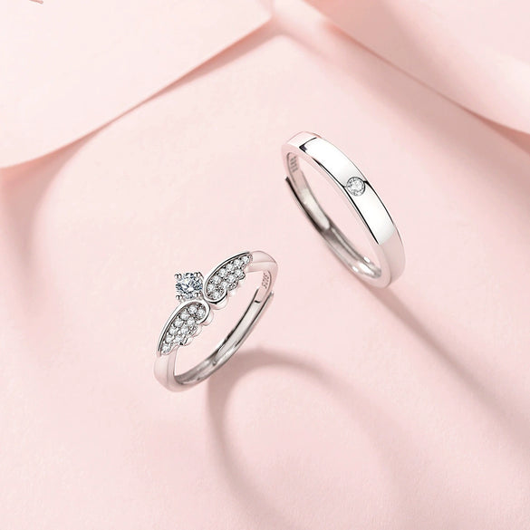 Wholesale Couple Ring S925 Sterling Silver Cupid's Wing Opening Design With Diamond
