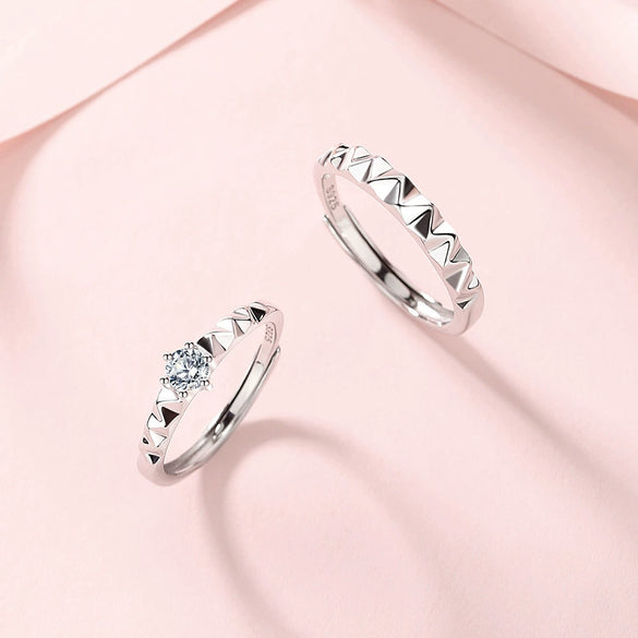 Wholesale Couples Ring 925 Sterling Silver Geometric Design Diamond Inlay Adjustable