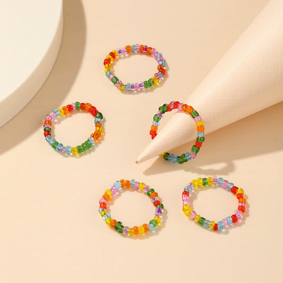 Wholesale Creative Children's Fun Candy Color Rice Bead Ring Pure Handmade Geometric Style