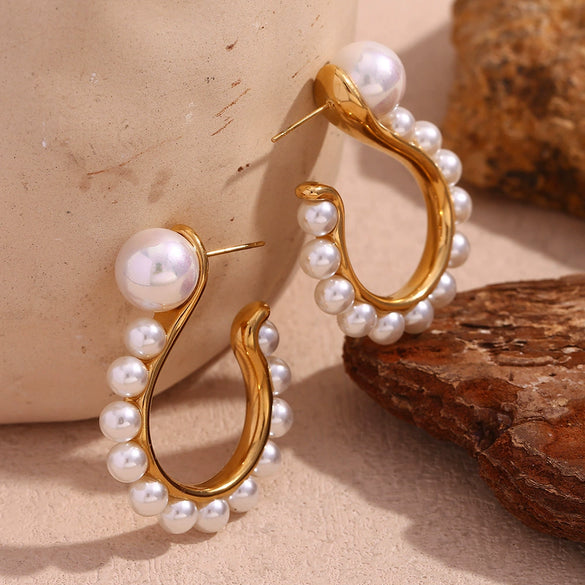 Wholesale Creative Fashion Earrings Stainless Steel 18K Gold Plated Exaggerated Pearl Question Mark Hook For Women Geometric Style Electroplated