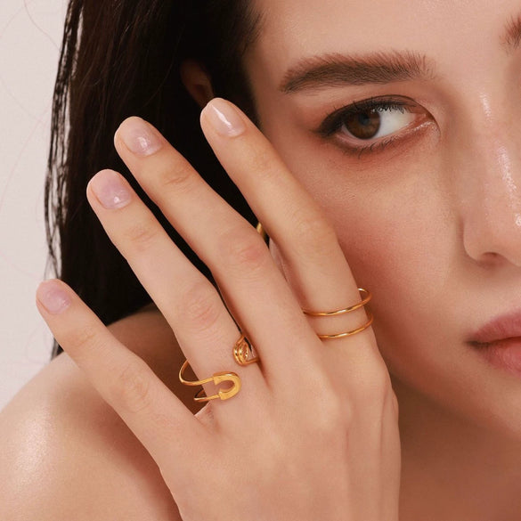 Wholesale Creative Pin Line Opening Ring Stainless Steel 18K Gold Plated Light Luxury Geometric Jewelry