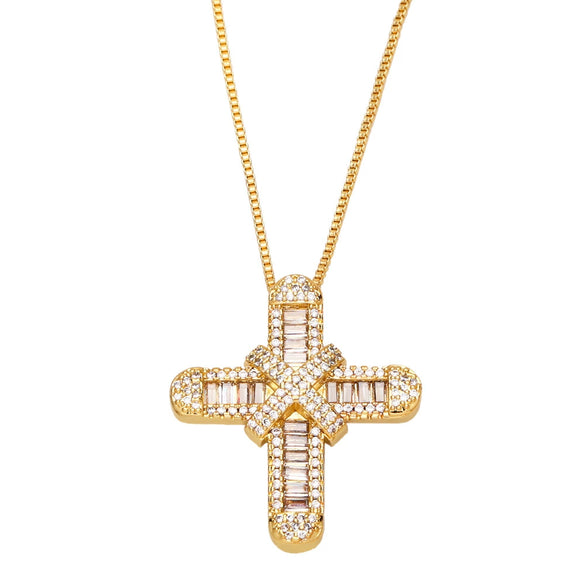 Wholesale Cross Pendant Necklace Copper With Geometric Zirconia Mixed Gemstone Inlay Style For Men And Women