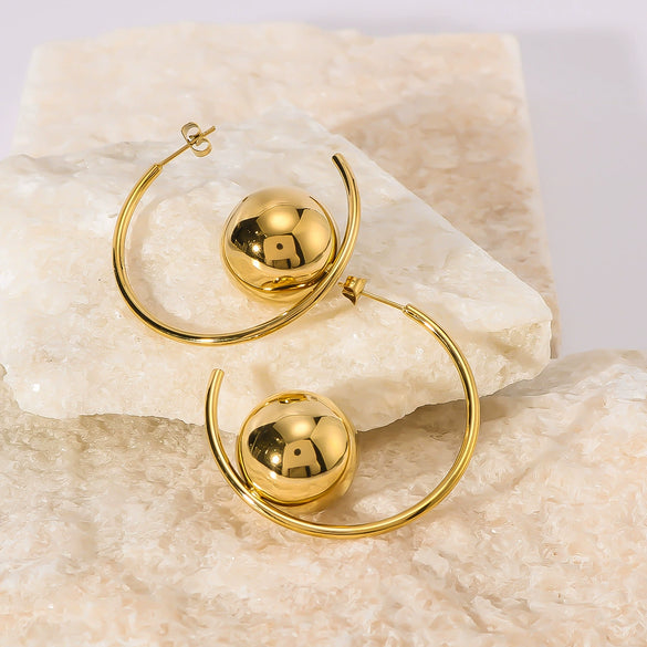 Wholesale Cshaped Hollow Stainless Steel Earrings With Round Ball Design And Geometric Shape 18K Vacuum Plated In Furnace For Women