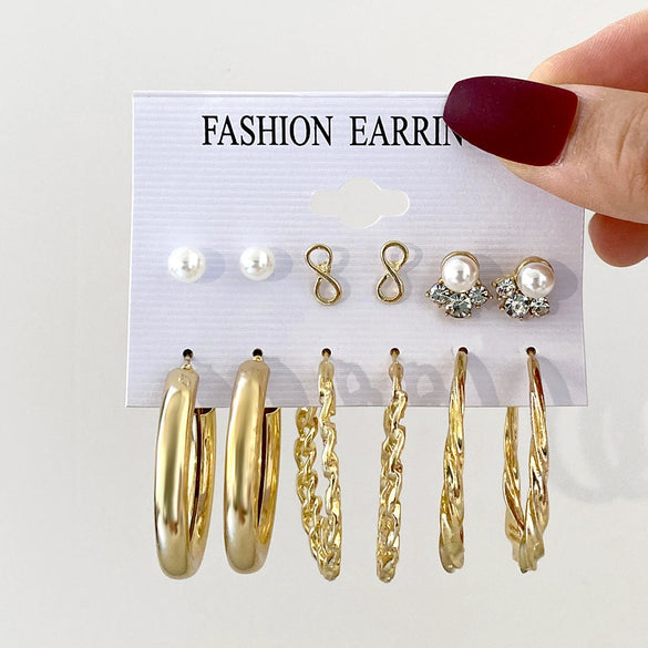 Wholesale Cshaped Imitation Pearl Earrings Set Alloy Animal Zodiac Pattern Set With Diamonds Retro Women's
