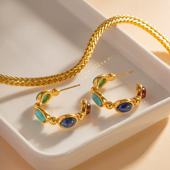 Wholesale Cshaped Stainless Steel Earrings With Inlaid Natural Stone 18K Goldplated Electroplated For Women Geometric Style