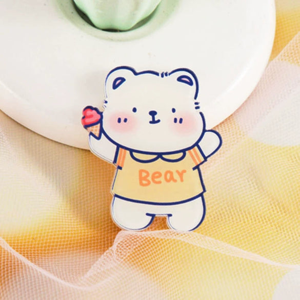 Wholesale Cute Acrylic Brooch With Cartoon Bear Emblem Bag Pendant Printing Laminating Laser Cutting For Unisex And Children