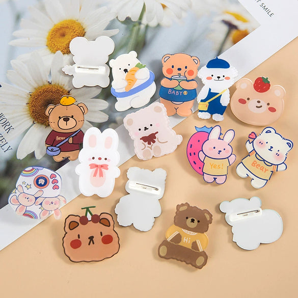Wholesale Cute Acrylic Brooch With Cartoon Bear Emblem Bag Pendant Printing Laminating Laser Cutting For Unisex And Children