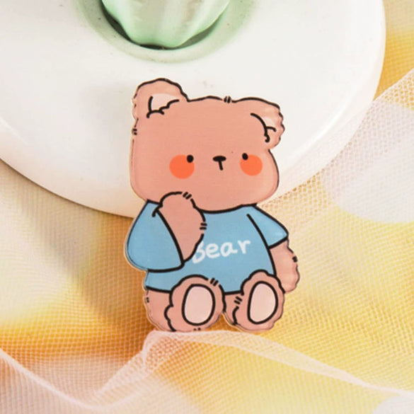 Wholesale Cute Acrylic Brooch With Cartoon Bear Emblem Bag Pendant Printing Laminating Laser Cutting For Unisex And Children