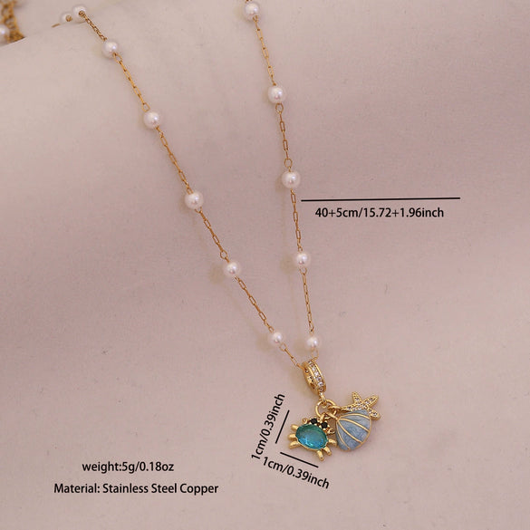 Wholesale Cute Animal Pattern Stainless Steel Marine Turtle Fishtail Clavicle Imitation Pearl Necklace