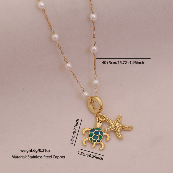 Wholesale Cute Animal Pattern Stainless Steel Marine Turtle Fishtail Clavicle Imitation Pearl Necklace