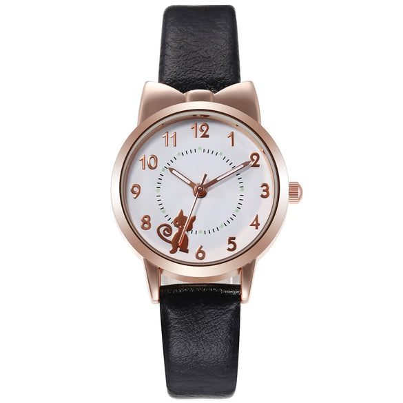 Wholesale Cute Cartoon Cat Luminous Women's Quartz Watch With Alloy Case Imitation Leather Strap And Round Dial