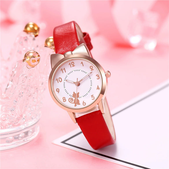 Wholesale Cute Cartoon Cat Luminous Women's Quartz Watch With Alloy Case Imitation Leather Strap And Round Dial