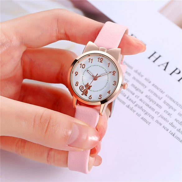 Wholesale Cute Cartoon Cat Luminous Women's Quartz Watch With Alloy Case Imitation Leather Strap And Round Dial