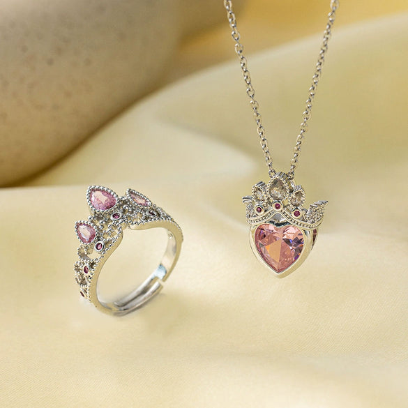 Wholesale Cute Girl Crown Pink Diamond Necklace Ring Set With O Chain Made Of Titanium Steel And Copper Electroplated