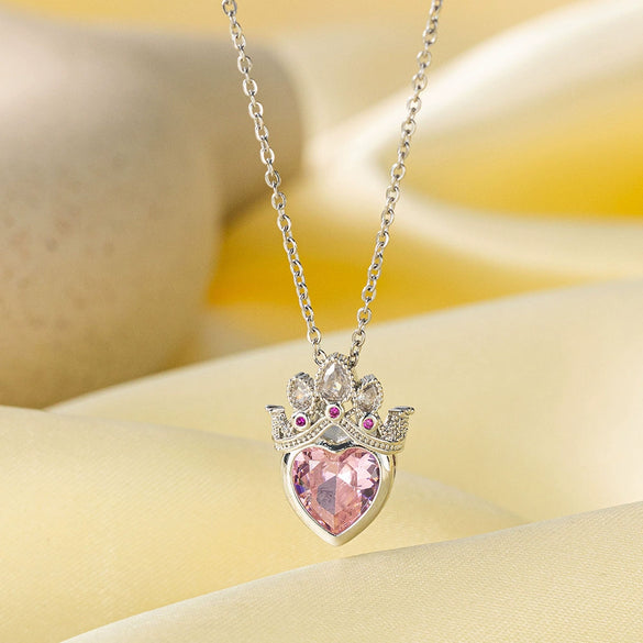 Wholesale Cute Girl Crown Pink Diamond Necklace Ring Set With O Chain Made Of Titanium Steel And Copper Electroplated
