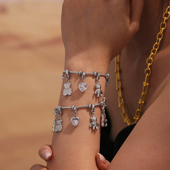 Wholesale Cute Little Bear Full Diamond 5A Zircon Multi Accessories Bracelet Titanium Steel 18K Real Gold Electroplated Geometric Jewelry For Women