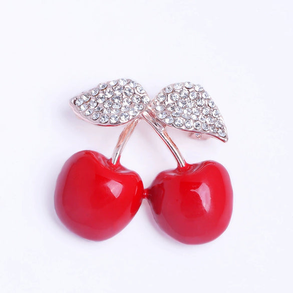 Wholesale Cute Plant Cherry Rhinestone Oil Drop Flower Corsage Fashion Oneword Pin Silk Towel Buckle Alloy Brooch With Dripping Oil Design