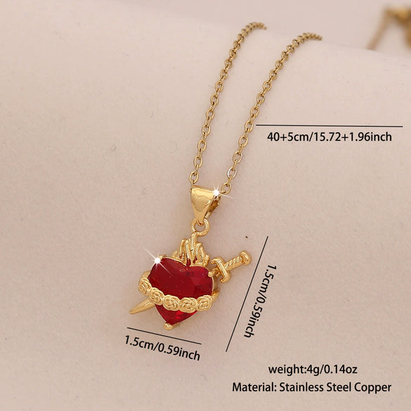 Wholesale Cute Red Love Heart Shape Pendant Necklace Light Luxury Stainless Steel Clavicle Chain