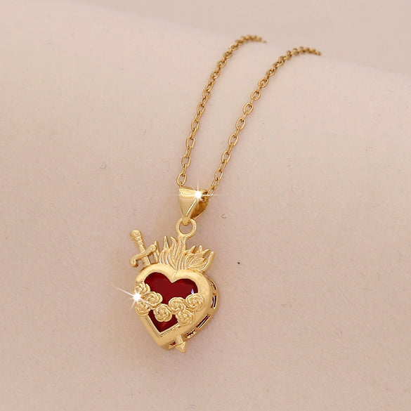 Wholesale Cute Red Love Heart Shape Pendant Necklace Light Luxury Stainless Steel Clavicle Chain