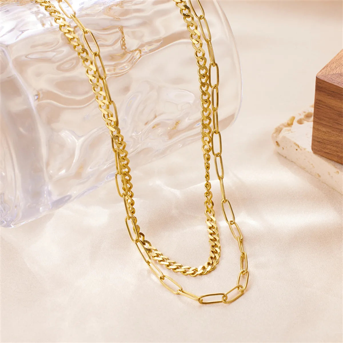 Wholesale Cute Solid Color Stainless Steel Beaded Plating 18k Gold Plated Double Layer Necklaces