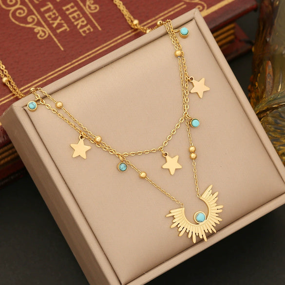 Wholesale Cute Star Moon Double Layer Stainless Steel Necklace With Electroplating For Women