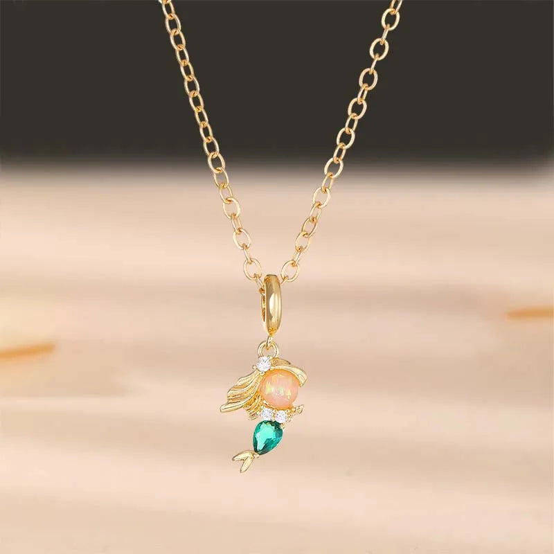 Wholesale Cute Sweet Human Mermaid Copper Inlay Zircon Pendant Necklace