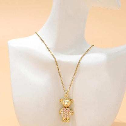 Wholesale Cute Sweet Little Bear Copper Plating Inlay 18K Gold Plated Artificial Pearls Zircon Pendant Necklace