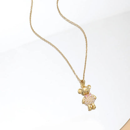 Wholesale Cute Sweet Little Bear Copper Plating Inlay 18K Gold Plated Artificial Pearls Zircon Pendant Necklace