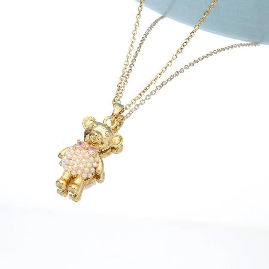 Wholesale Cute Sweet Little Bear Copper Plating Inlay 18K Gold Plated Artificial Pearls Zircon Pendant Necklace