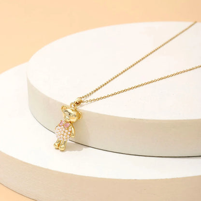 Wholesale Cute Sweet Little Bear Copper Plating Inlay 18K Gold Plated Artificial Pearls Zircon Pendant Necklace