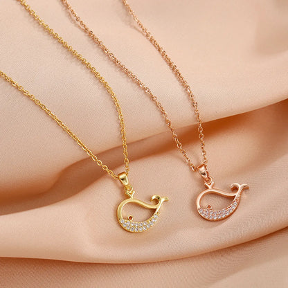 Wholesale Cute Whale Titanium Steel 18k Gold Plated Zircon Pendant Necklace