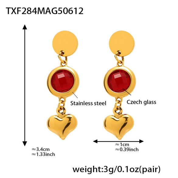 Wholesale Czech Glass Heart Tassel Earrings In Stainless Steel With 18K Real Gold Electroplating For Women