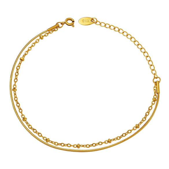 Wholesale Delicate Double Layer Snake Bone Chain And Bag Bead Chain Bracelet In 316L Stainless Steel With Geometric Pattern And 18K Gold Plated Electroplating For Women