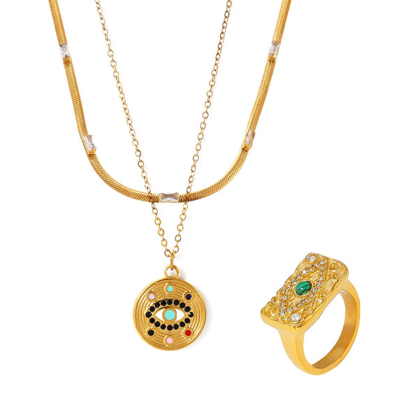 Wholesale Devil's Eye Zircon Jewelry Set For Women Titanium Steel 18K Gold Plated Electroplated