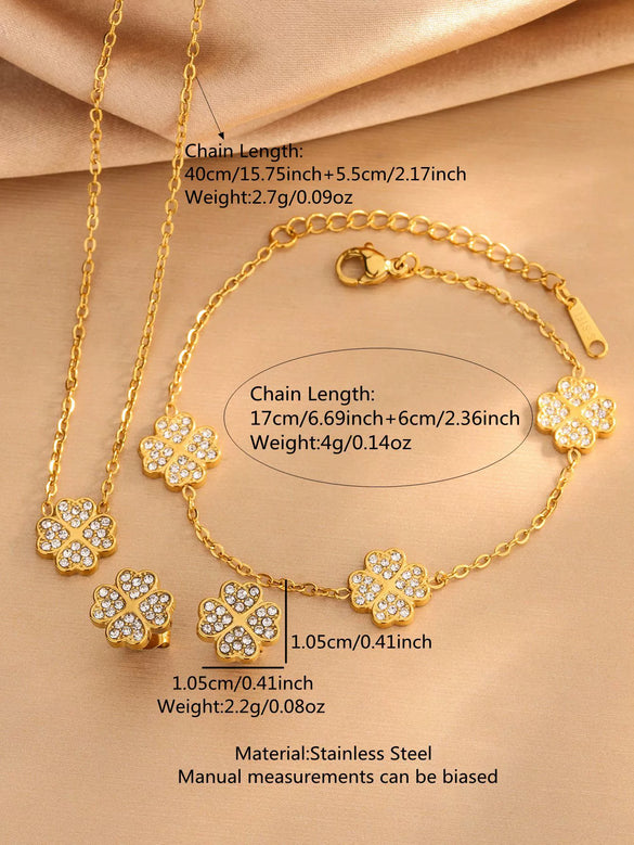 Wholesale Diamond Encrusted Four Leaf Clover Stainless Steel Necklace Bracelet Earring Set With Electroplating For Women