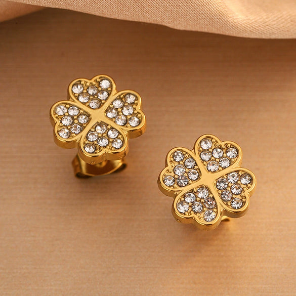 Wholesale Diamond Encrusted Four Leaf Clover Stainless Steel Necklace Bracelet Earring Set With Electroplating For Women