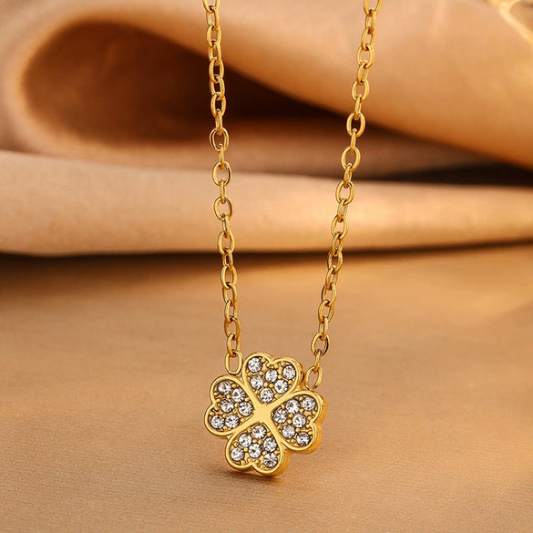 Wholesale Diamond Encrusted Four Leaf Clover Stainless Steel Necklace Bracelet Earring Set With Electroplating For Women