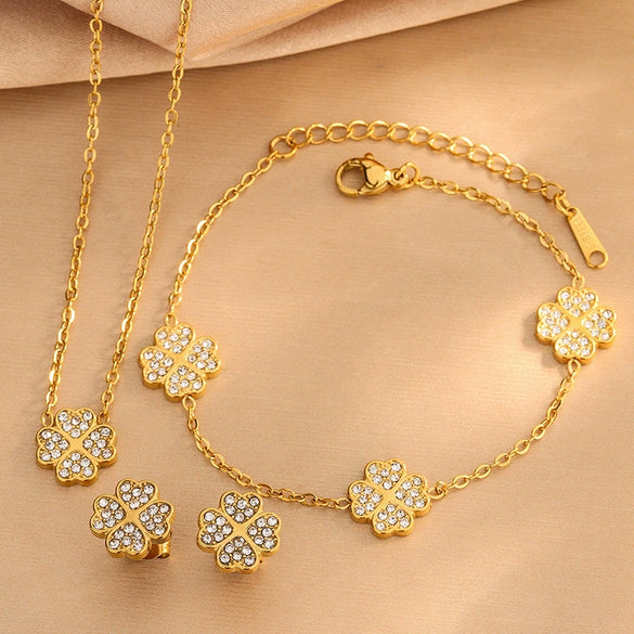 Wholesale Diamond Encrusted Four Leaf Clover Stainless Steel Necklace Bracelet Earring Set With Electroplating For Women