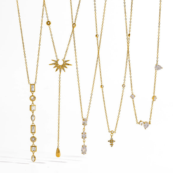 Wholesale Diamond Encrusted Stainless Steel And Titanium Steel Y Shaped O Shaped Geometric Sweater Chain Long Necklace With Pvd Furnace Vacuum Real Gold Plating For Women