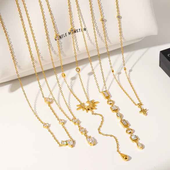 Wholesale Diamond Encrusted Stainless Steel And Titanium Steel Y Shaped O Shaped Geometric Sweater Chain Long Necklace With Pvd Furnace Vacuum Real Gold Plating For Women