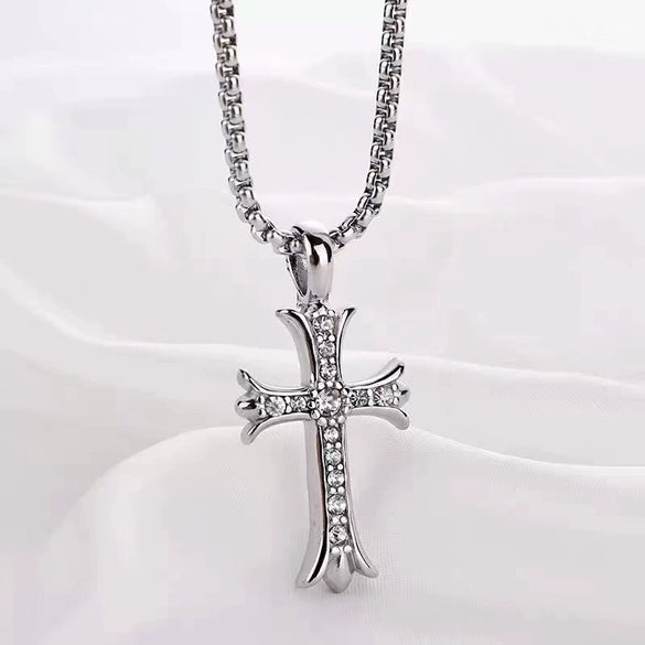 Wholesale Diamond Geometric Cross Pendant Necklace Made Of Titanium Steel And Pearl Chain For Unisex